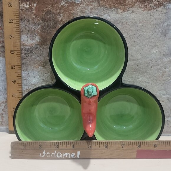 Clay Art Condiment Dish 3 Section Bowl Relish Chili Pepper Jalapeno Center - Picture 9 of 11